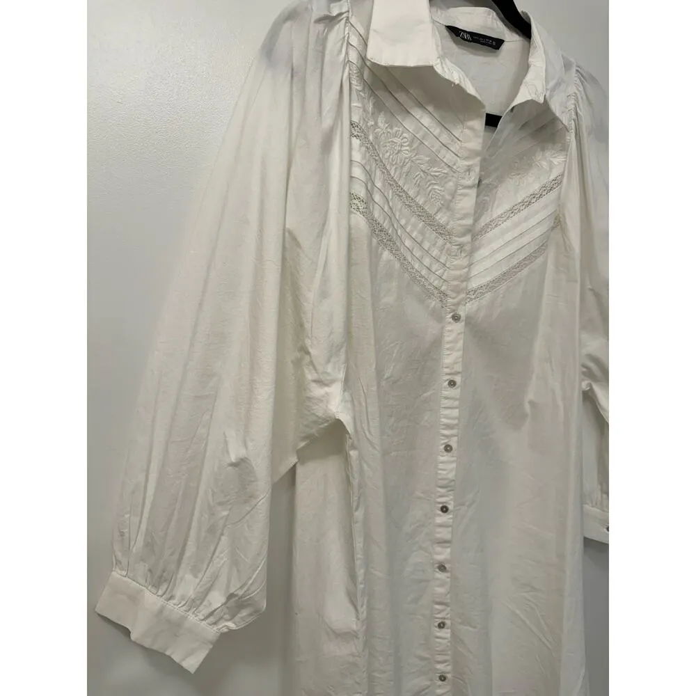 Zara White Large Boxy Button Down Shirt Dress 3/4 Sleeve Floral Lace - Image 4