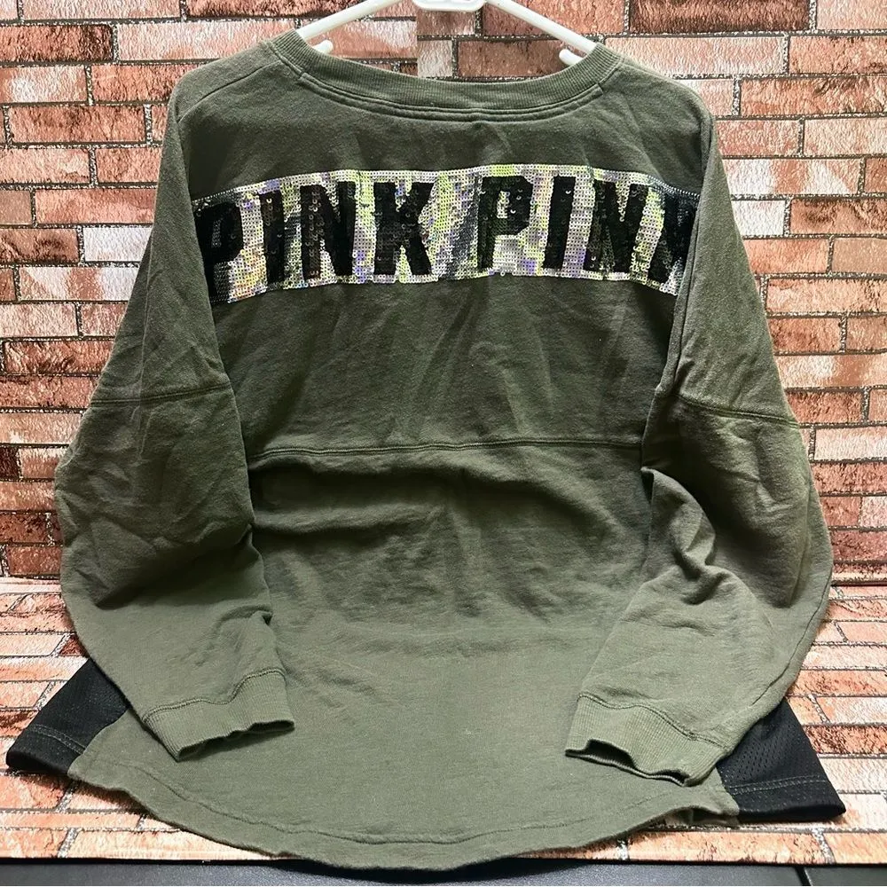 Victorias Secret PINK sequins bling varsity crew sweatshirt size L - Image 2