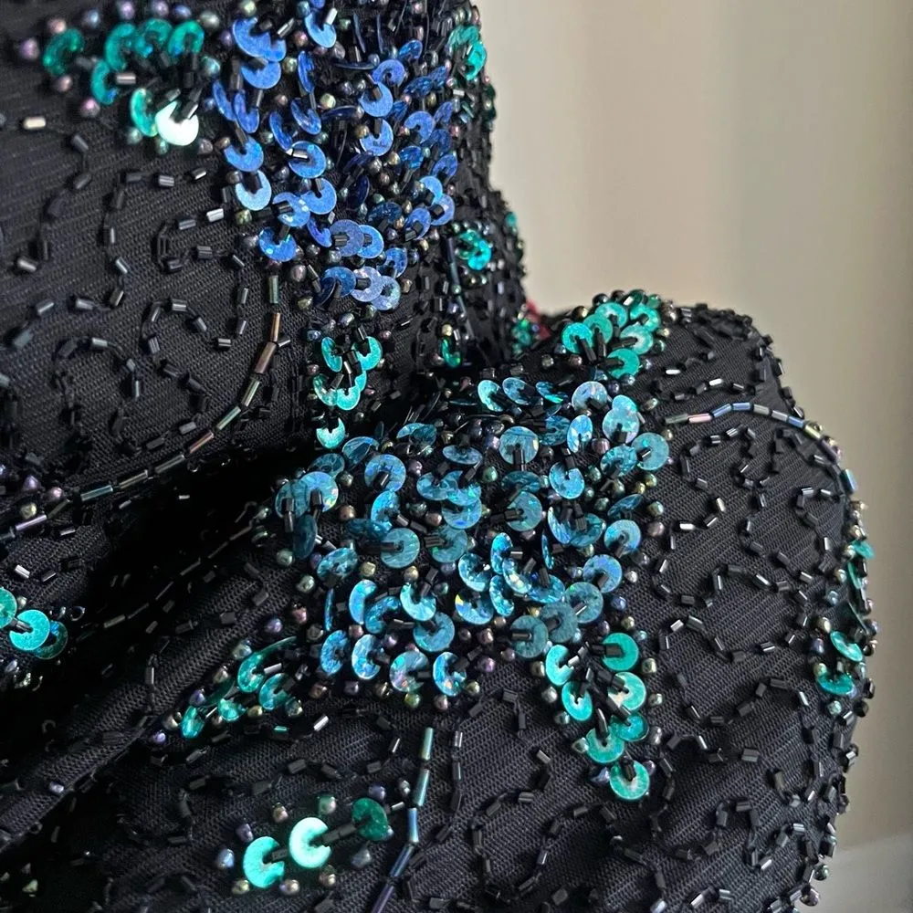 Vintage Brilliante Beaded Sequin Party Top M–L Black Floral Scoop Neck 80’s Size M - Image 12