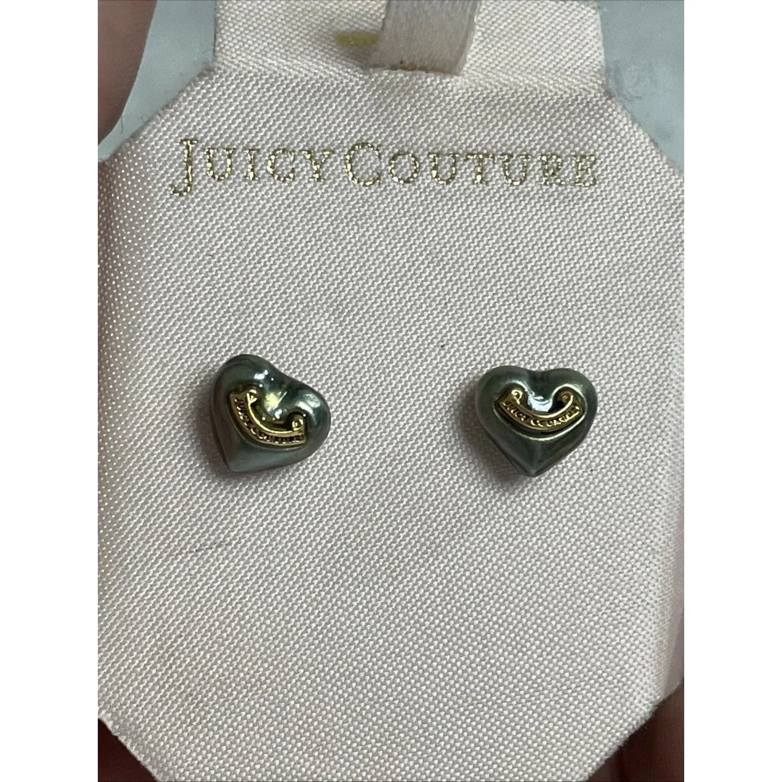 Juicy Couture Silver Tone Vintage Gold Banner Heart Post Earrings New. No Box - Image 2