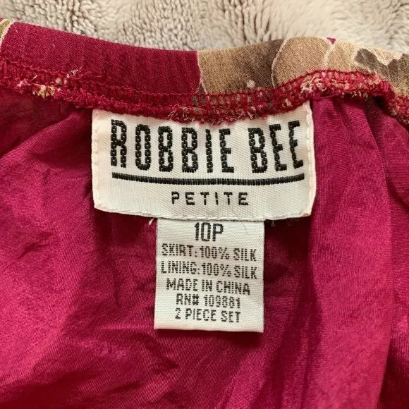 Robbie Bee Petite Floral Ruffle‎ Midi Skirt Burgundy Silk Women's Size 10P VTG - Image 4