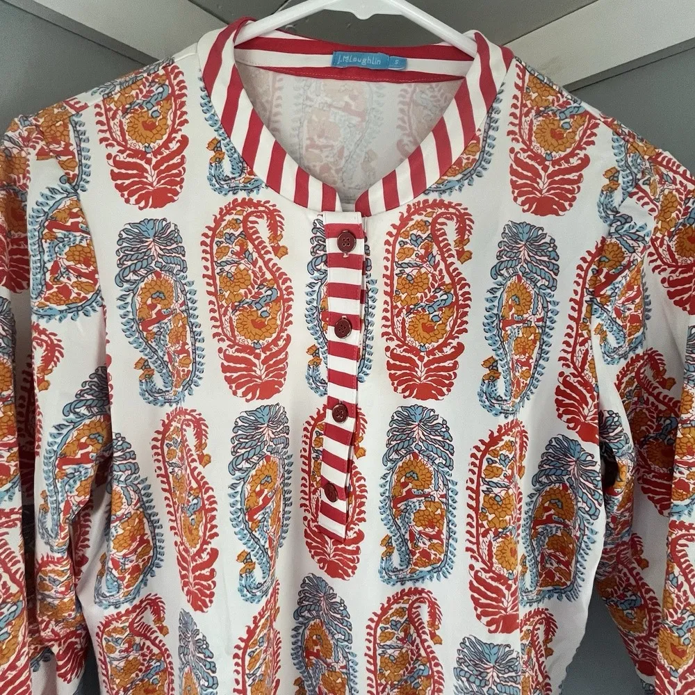J. Mclaughlin Catalina Cloth 3/4 Sleeve Paisley Striped Trim Tunic Top Size S - Image 2