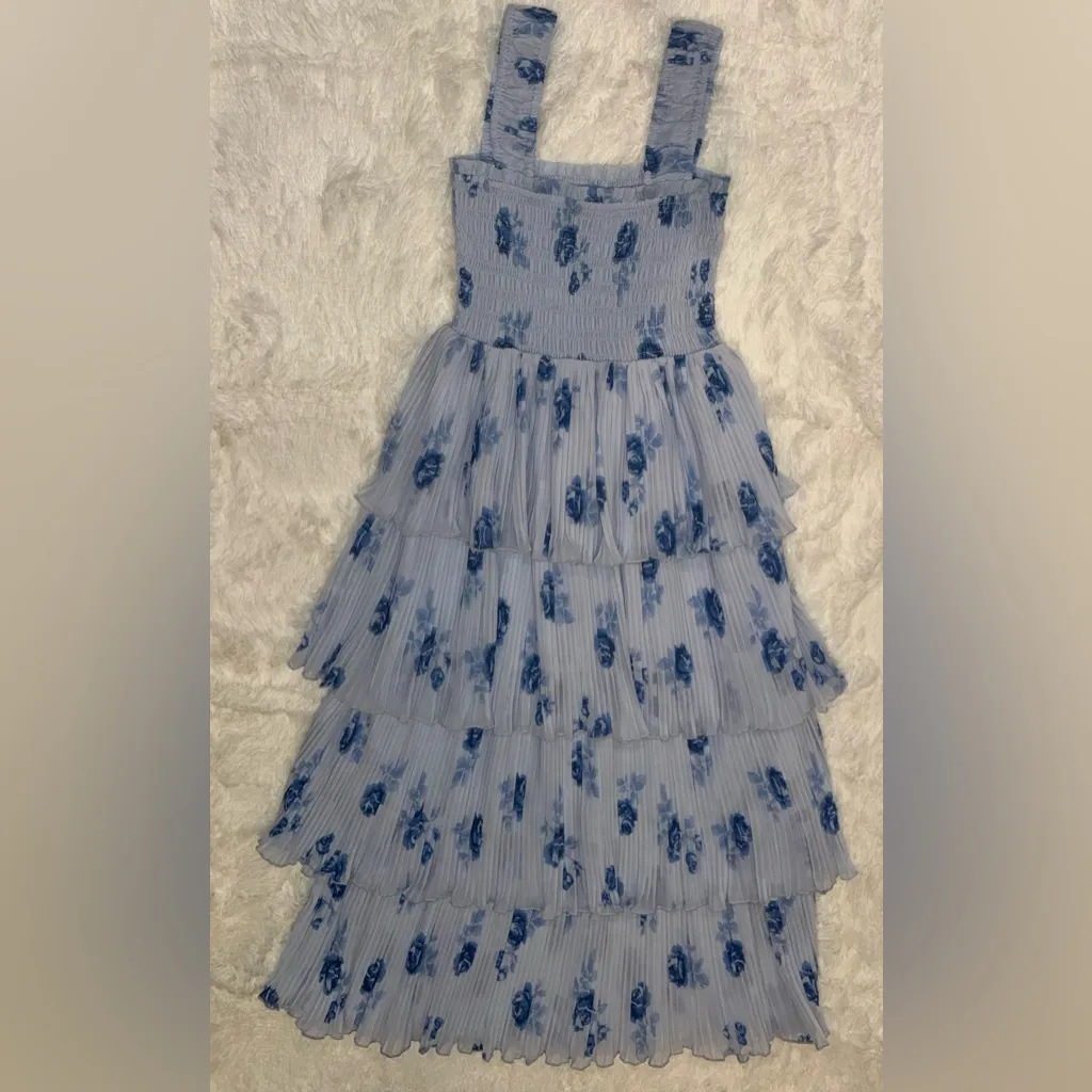 NEW Ganni Floral Pleated Georgette Heather Blue Midi-Dress SZ 34 US 2 - Image 5