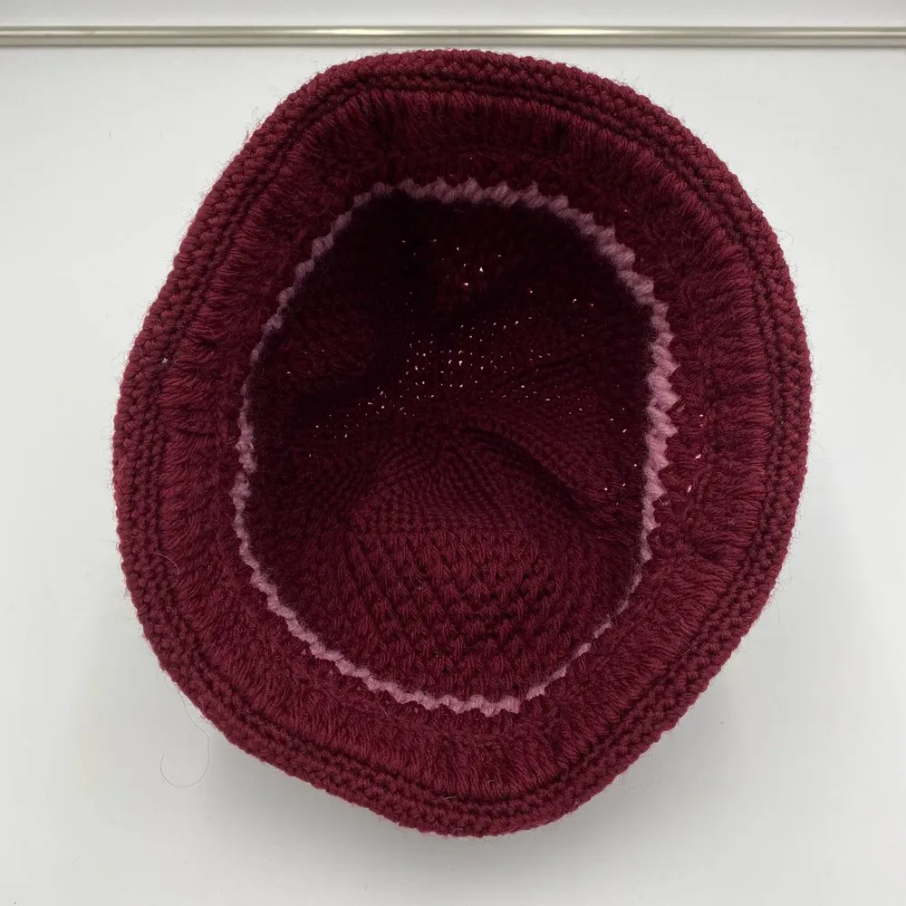 Hand Knit Adult Maroon Flower Accent Bucket Hat - Image 3