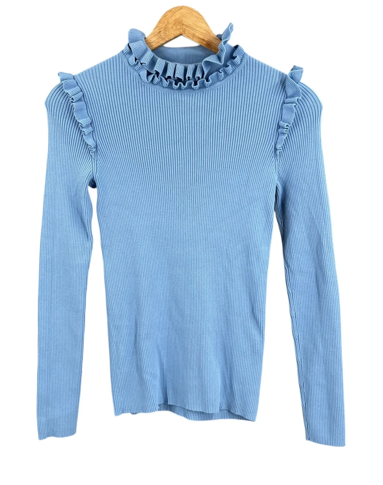 Sandro Paris Blue Ribbed Mock Neck Ruffle Long Sleeve Knit Top Size 1 / S - Image 1