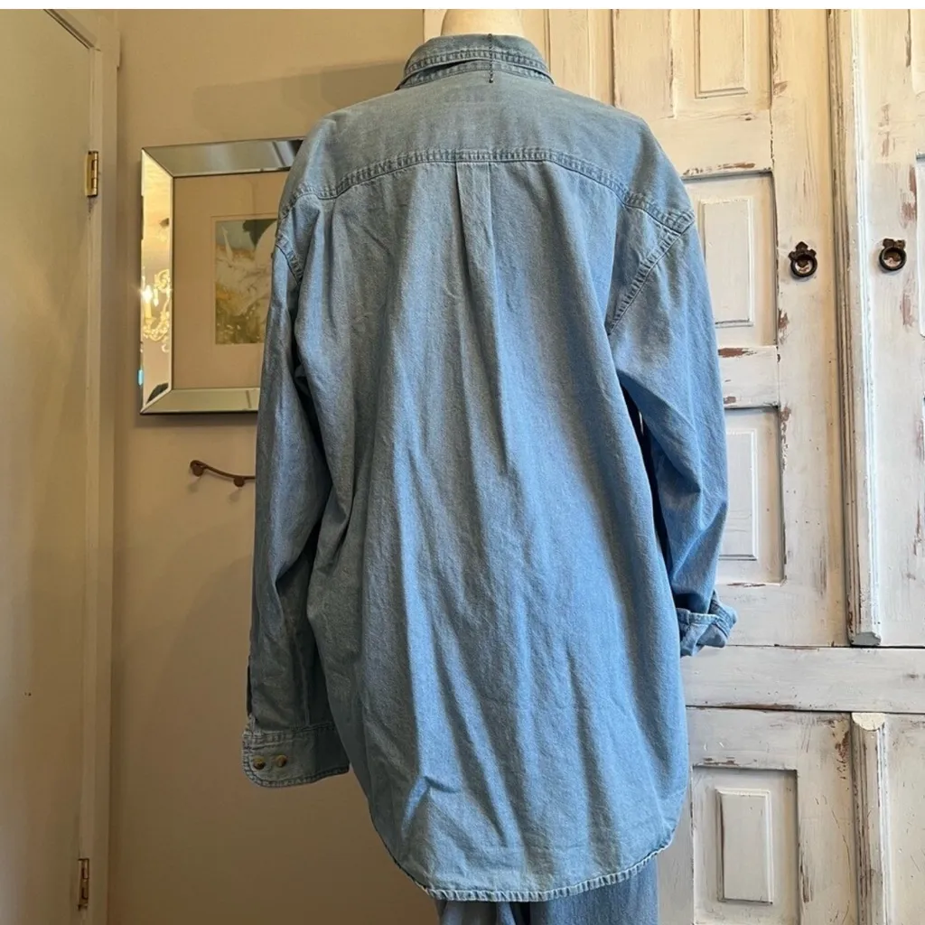 Vintage 1985 Embroidered Denim Shirt Stay Cool University Cotton Y2K Top 2XL Blue Size XXL - Image 8