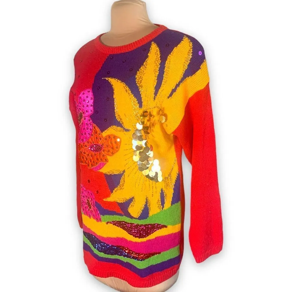 Vintage 80s Oversized Sweater Sequin Bright Floral Pattern Abstract Art Red Knit Size M - Image 7