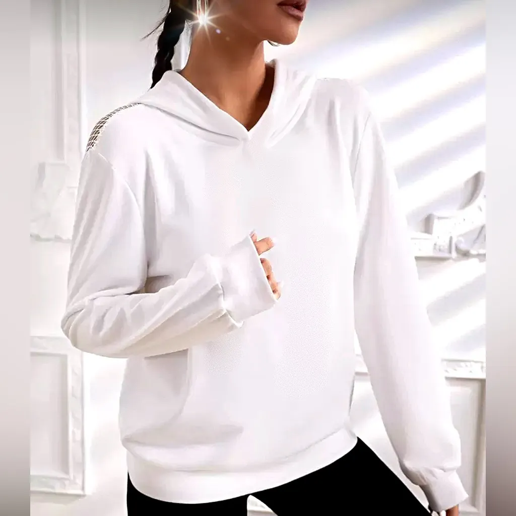 White Hoodie with Open Fishnet Mesh Back Size M - Image 10