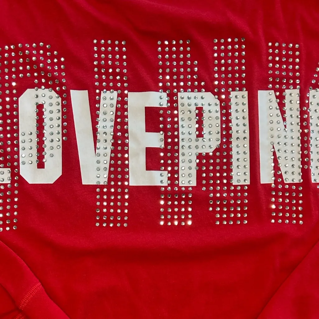 Victoria's Secret PINK red and white Bling Rhinestone Varsity Long Sleeve Tee M - Image 6