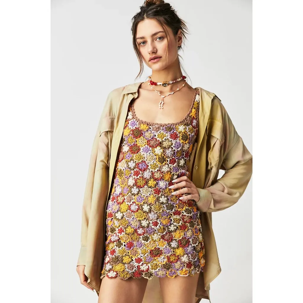 SHE MADE ME Sana Mini Dress in Horizon Floral Small New Womens Crochet Knit Blue - Image 11