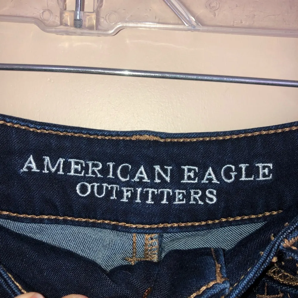 American Eagle Dark Wash Hi Rise Shortie Jean Short Raw Hem - Image 4