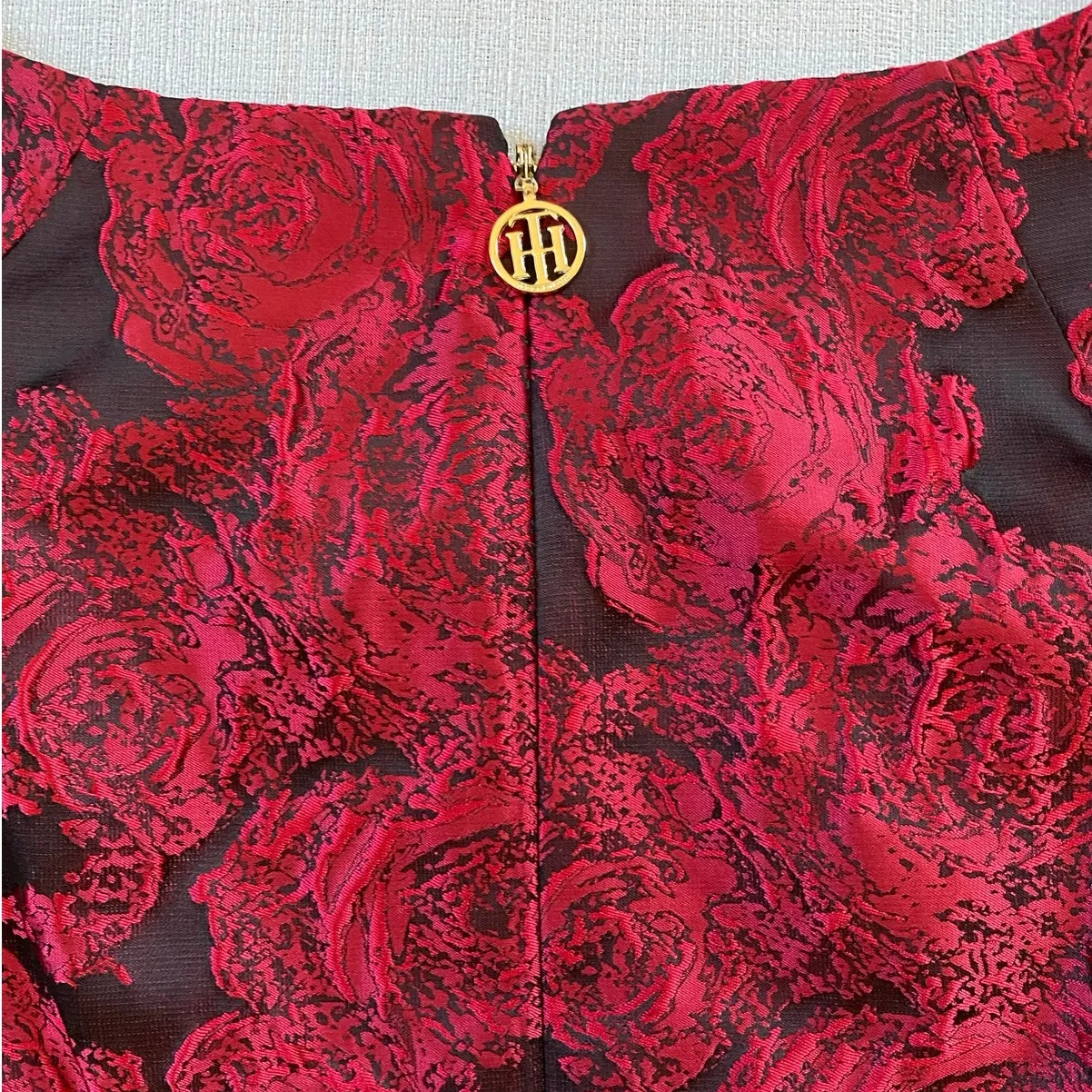 Tommy Hilfiger Holiday Wmns Bouquet Jacquard Dress Knot Neck Red Floral Dress 10 - Image 14