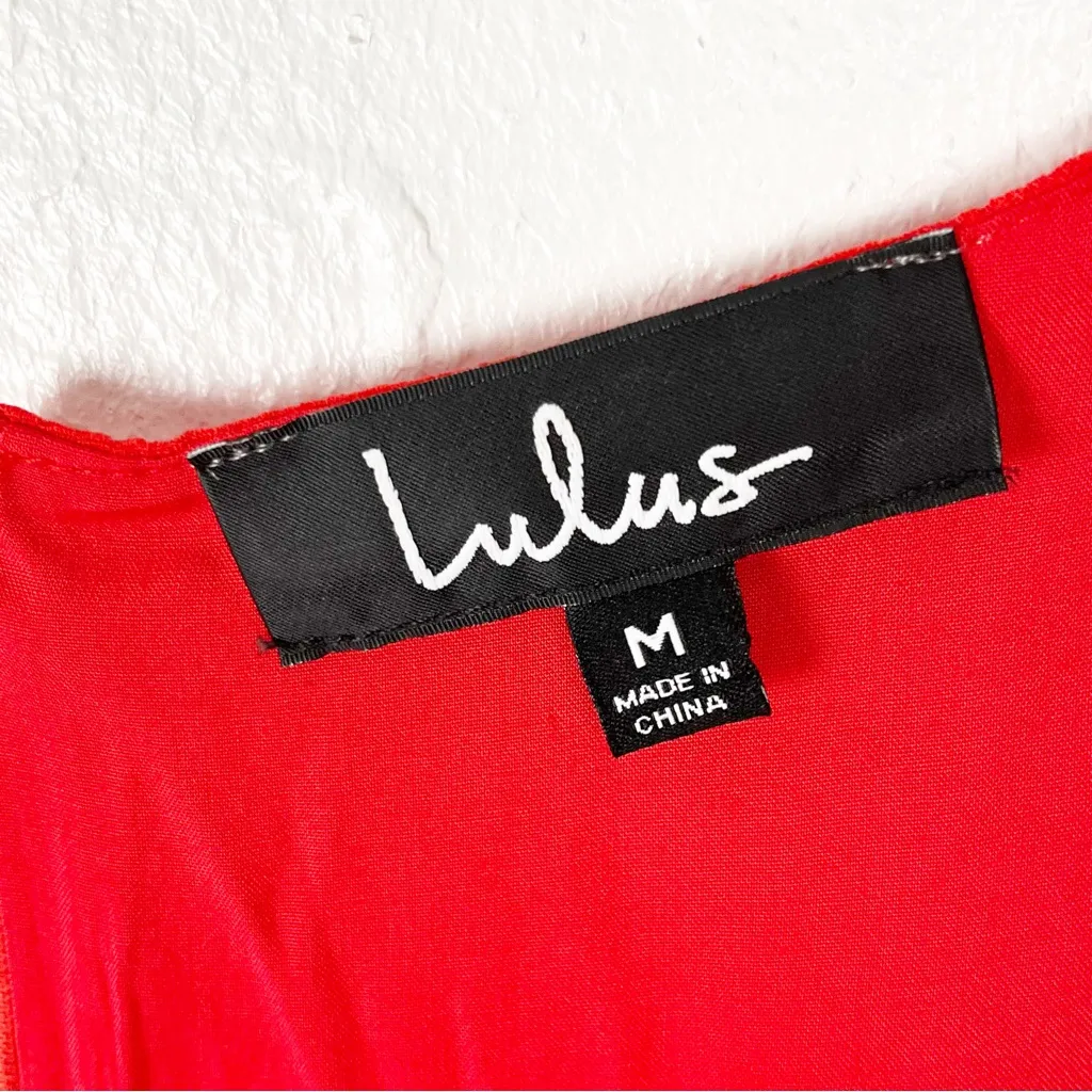 LULUS Sunny Spot Red Lace Corset  Pockets Cap Sleeves Dress, Size Medium - Image 3