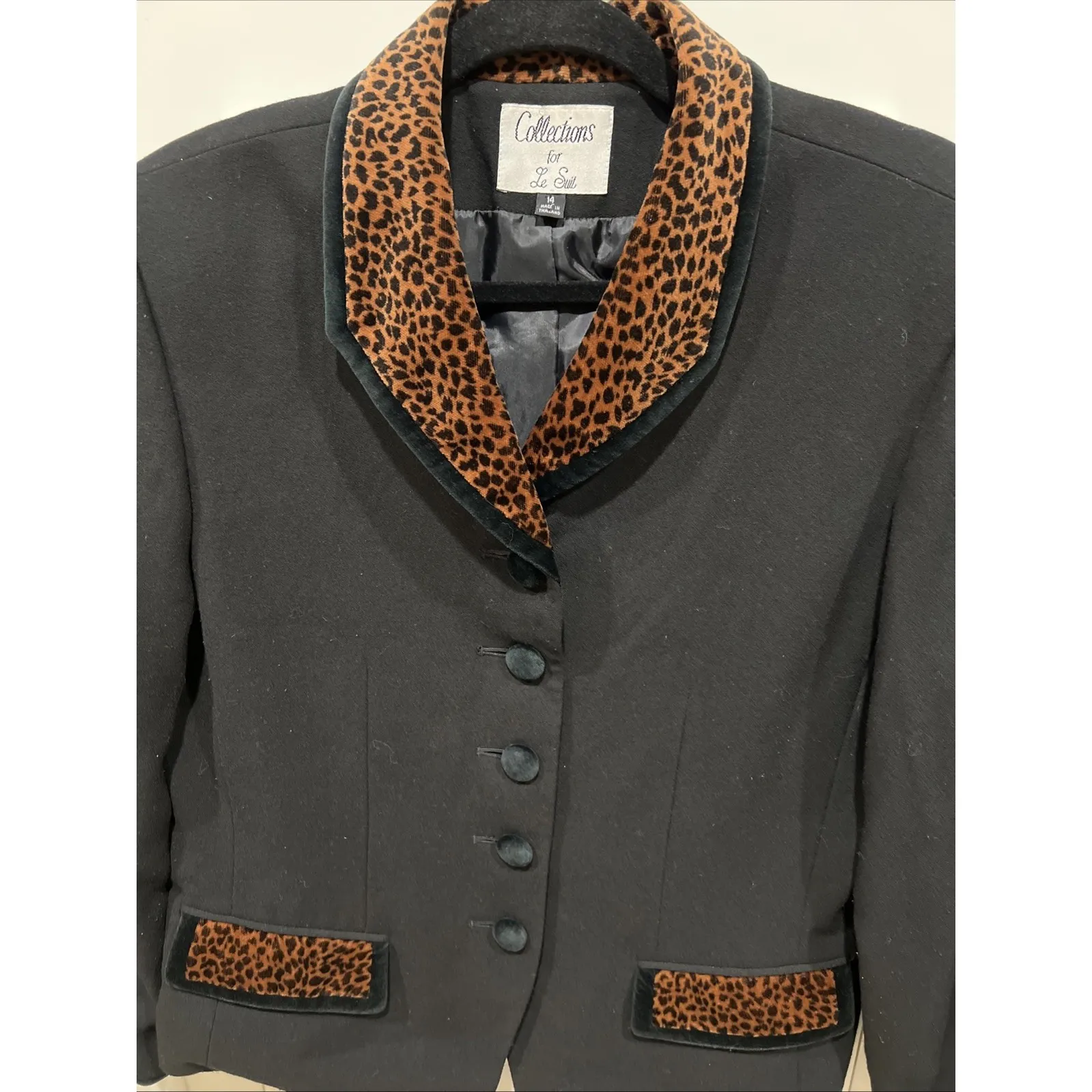 Vtg Collections For Le Suit Black Blazer Leopard Print Trim Old Money 90s Retro Size 14 - Image 2