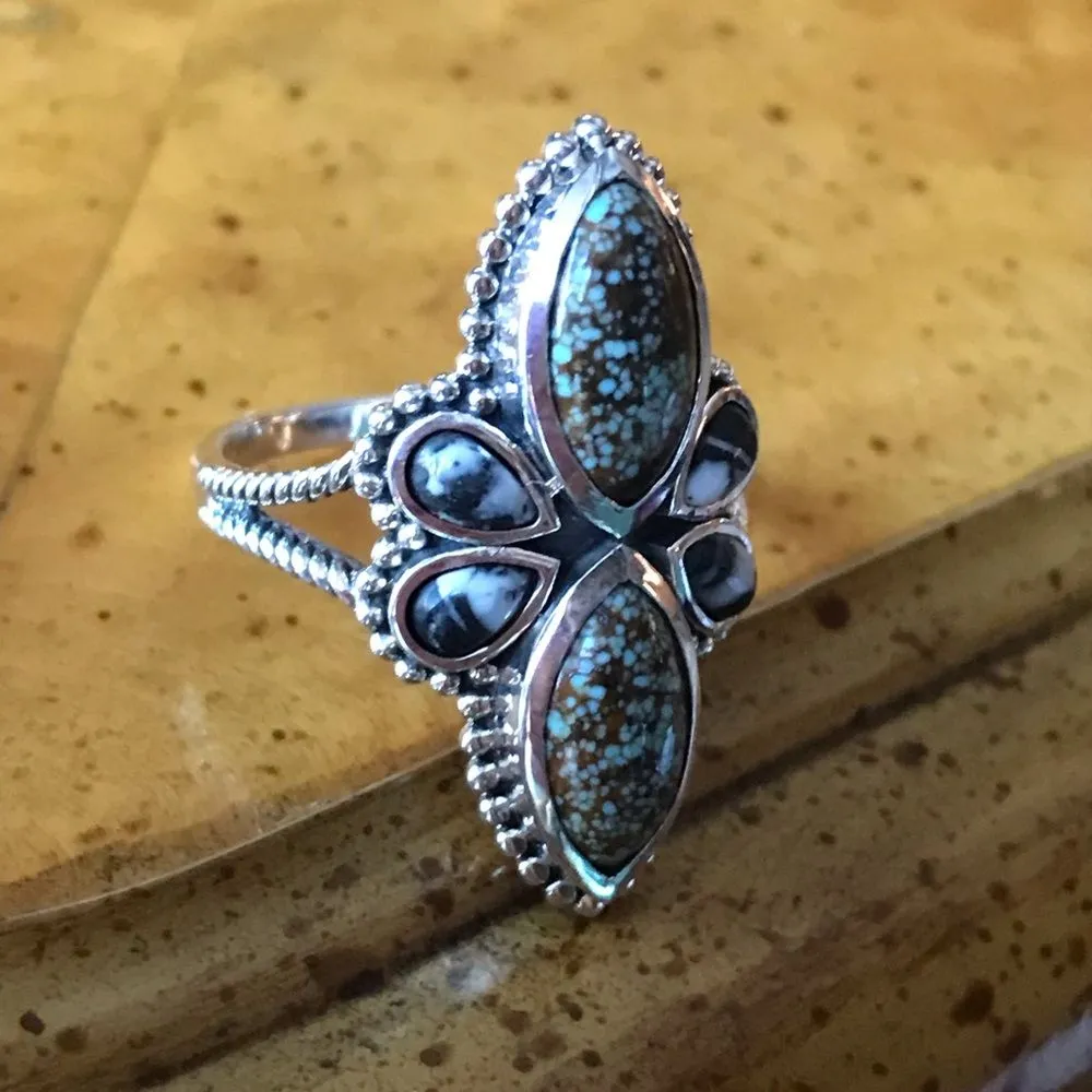 White Buffalo Blue Turquoise Statement Ring Size 9 Silver - Image 7