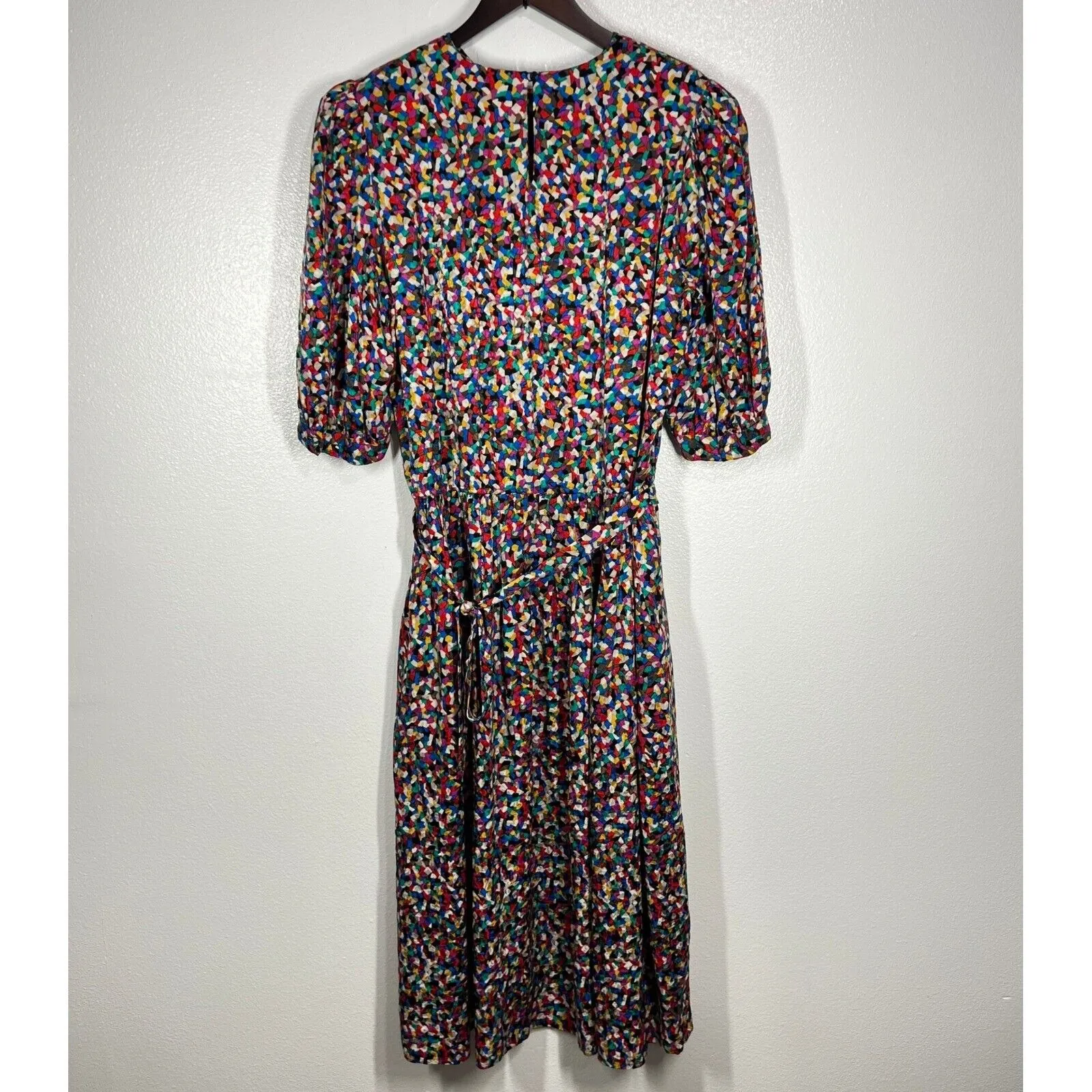 Vtg. Adrianna Papell 100%‎ Silk Midi Dress 14 Colorful Print Puff Sleeve Belted - Image 4