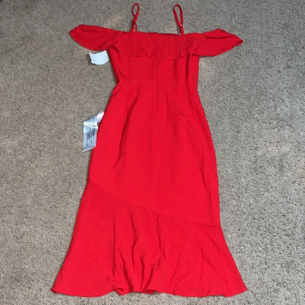 Dress The Population Faye Off Shoulder Strapless Ruffle Midi Dress Rouge Red XXS - Image 7
