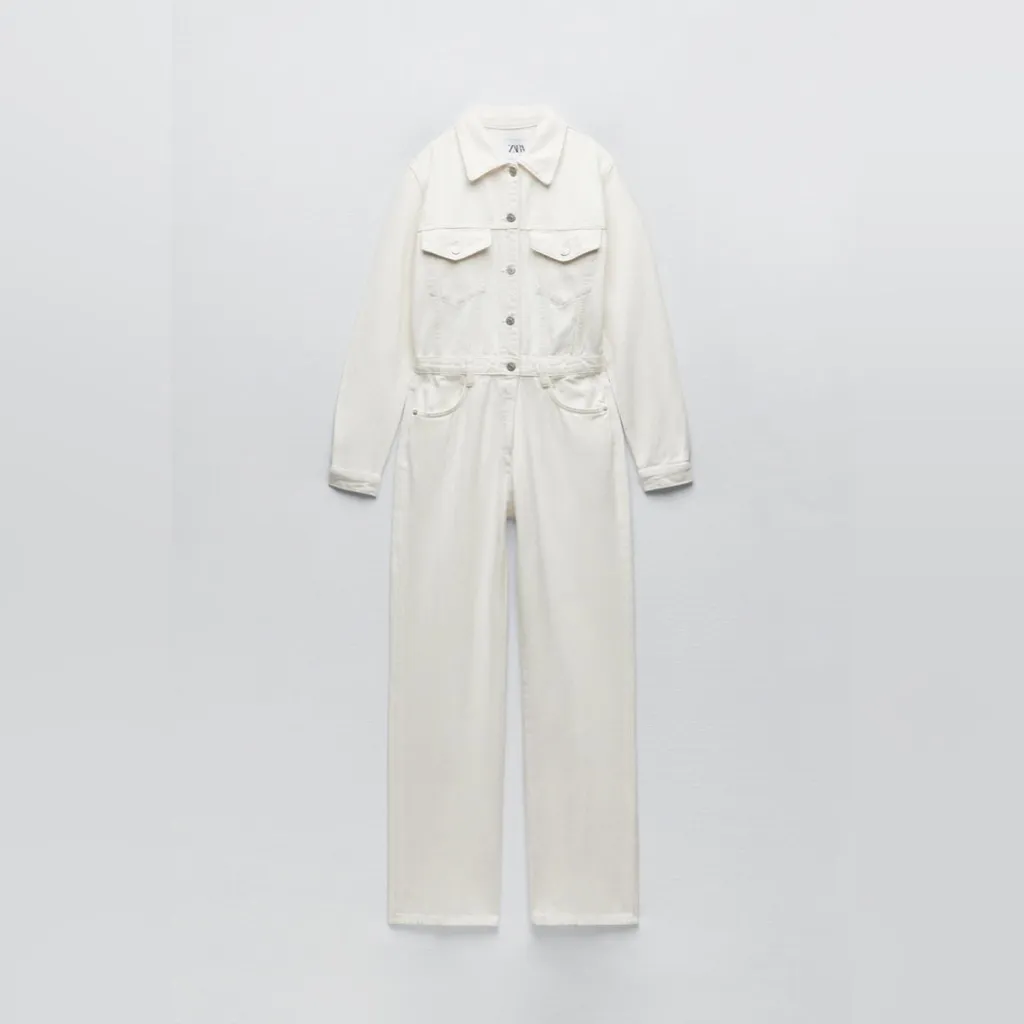 NWT ZARA TRF WIDE-LEG DENIM JUMPSUIT OYSTER WHITE - Image 4