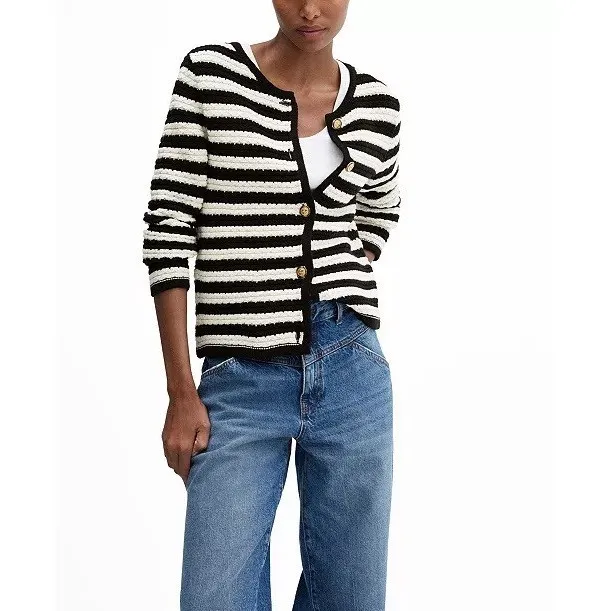 Mango Sweater Women Medium Knit Black White Striped Cardigan Academia Cottage - Image 2
