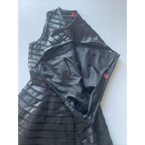 Red Saks Fifth Ave Black Leather Stripe Mesh Panel Sleeveless Fit‎ Flare Dress S - Image 5