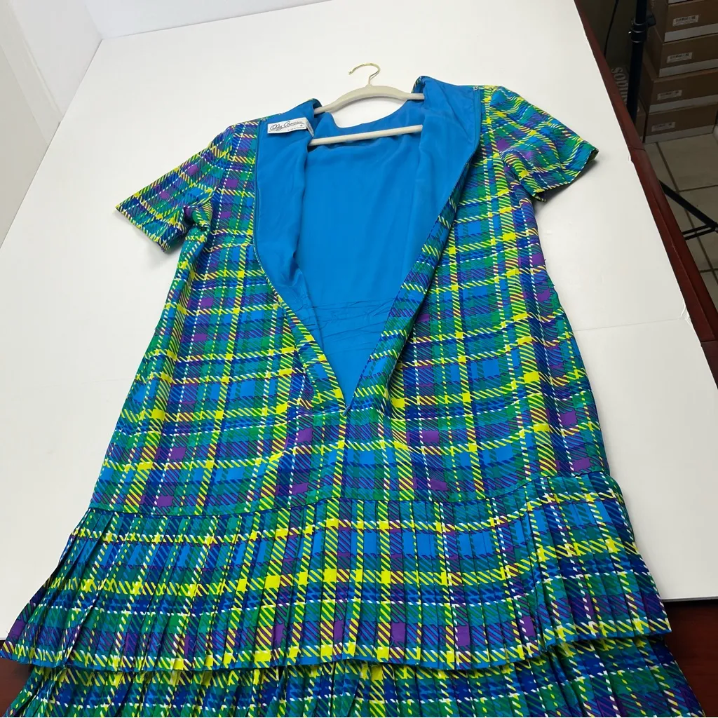 Oleg Cassini 100% Silk Blue Green Plaid Pleated Midi Dress Women Size 12 Vintage - Image 8