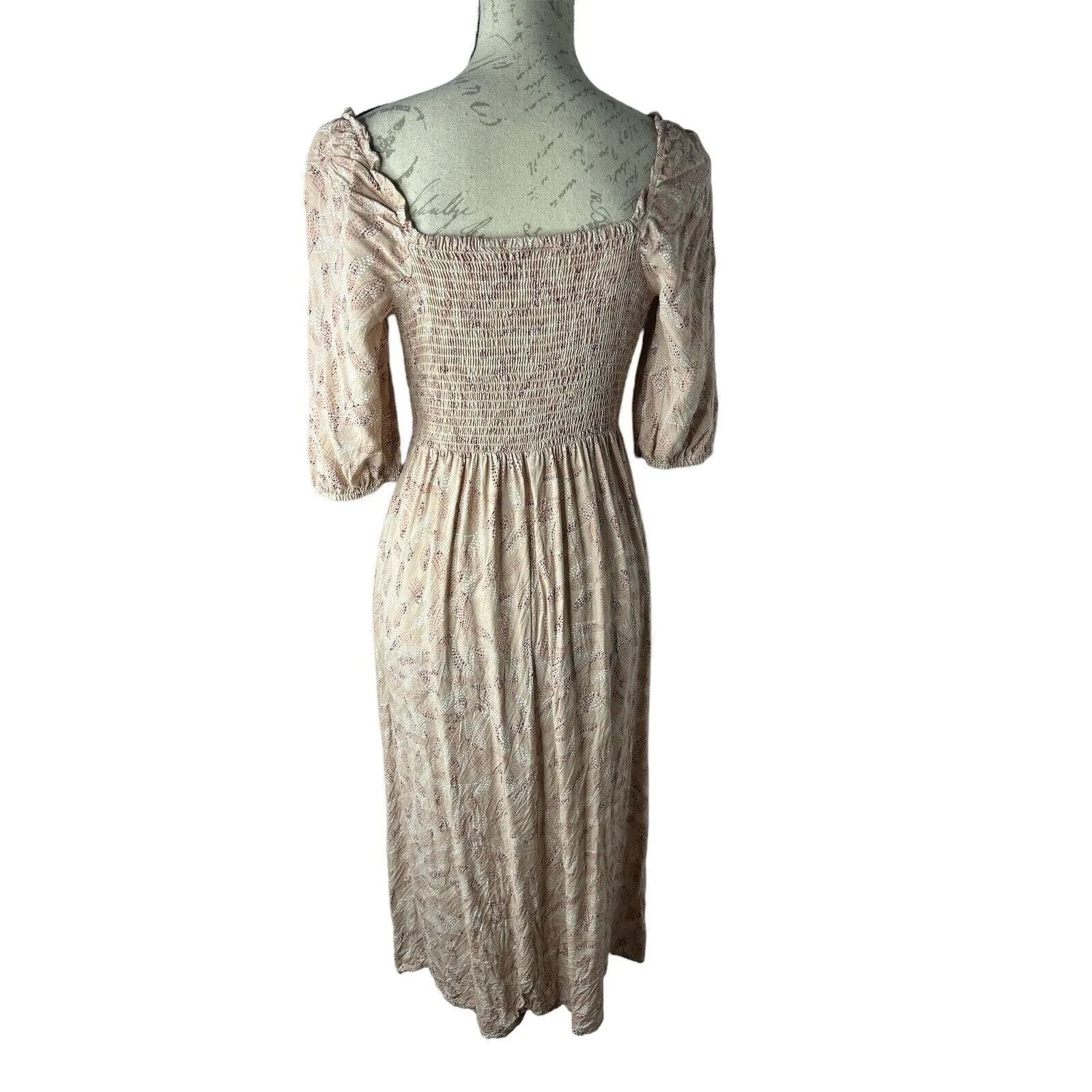 Sincerely Jules Midi Dress Cottagecore Smocked Blush Pink‎ Lace Up Puff Sleeve S - Image 5