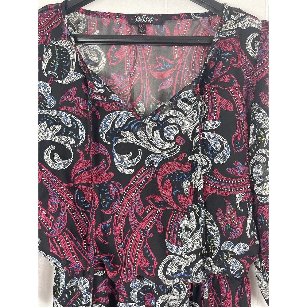 BeBop Pullover Sheer Line 3/4 Elastic Cuff & Waist A-line Vneck Paisley Dress S - Image 3