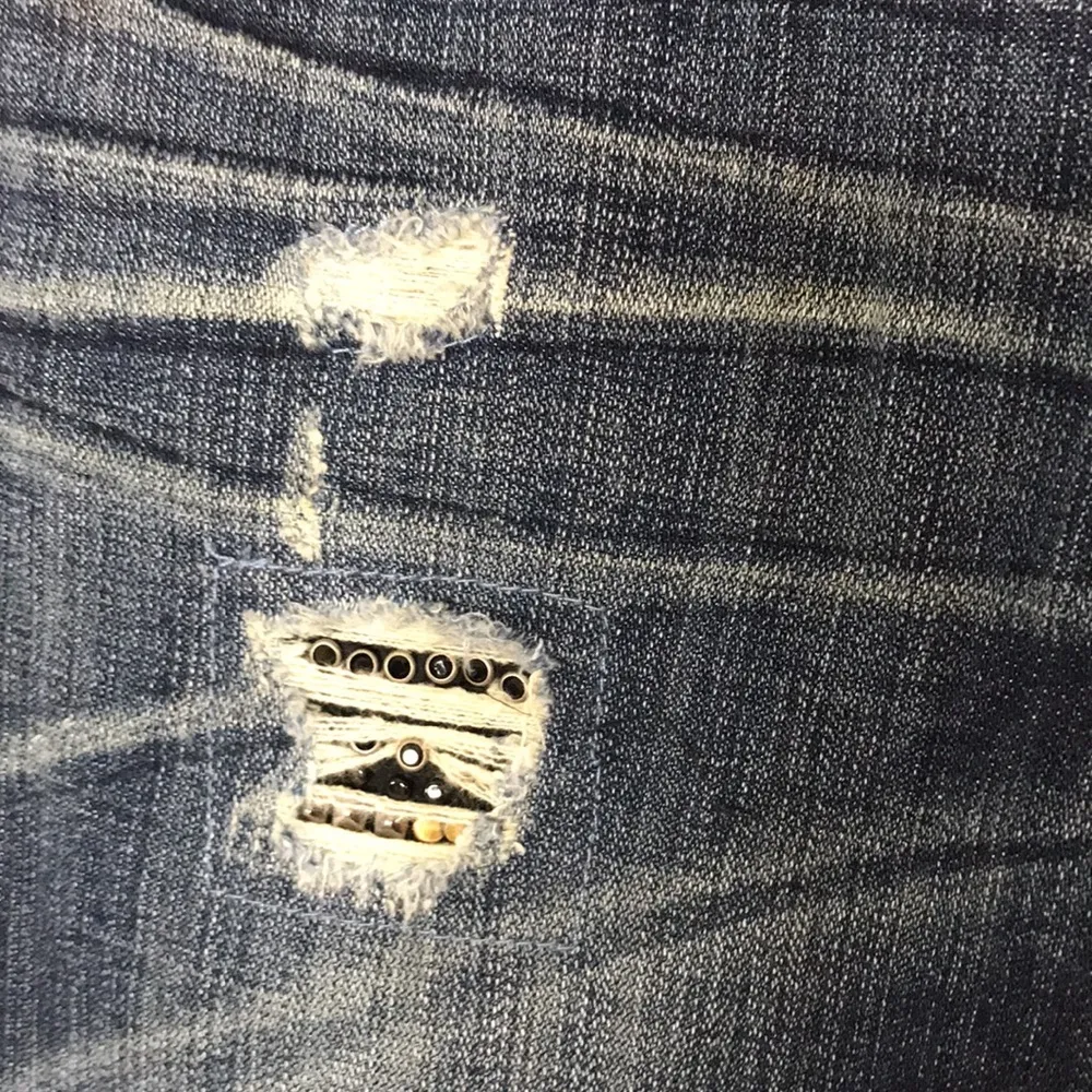 Cult of individuality dark denim cotton distressed bootcut jeans size 27 - Image 5