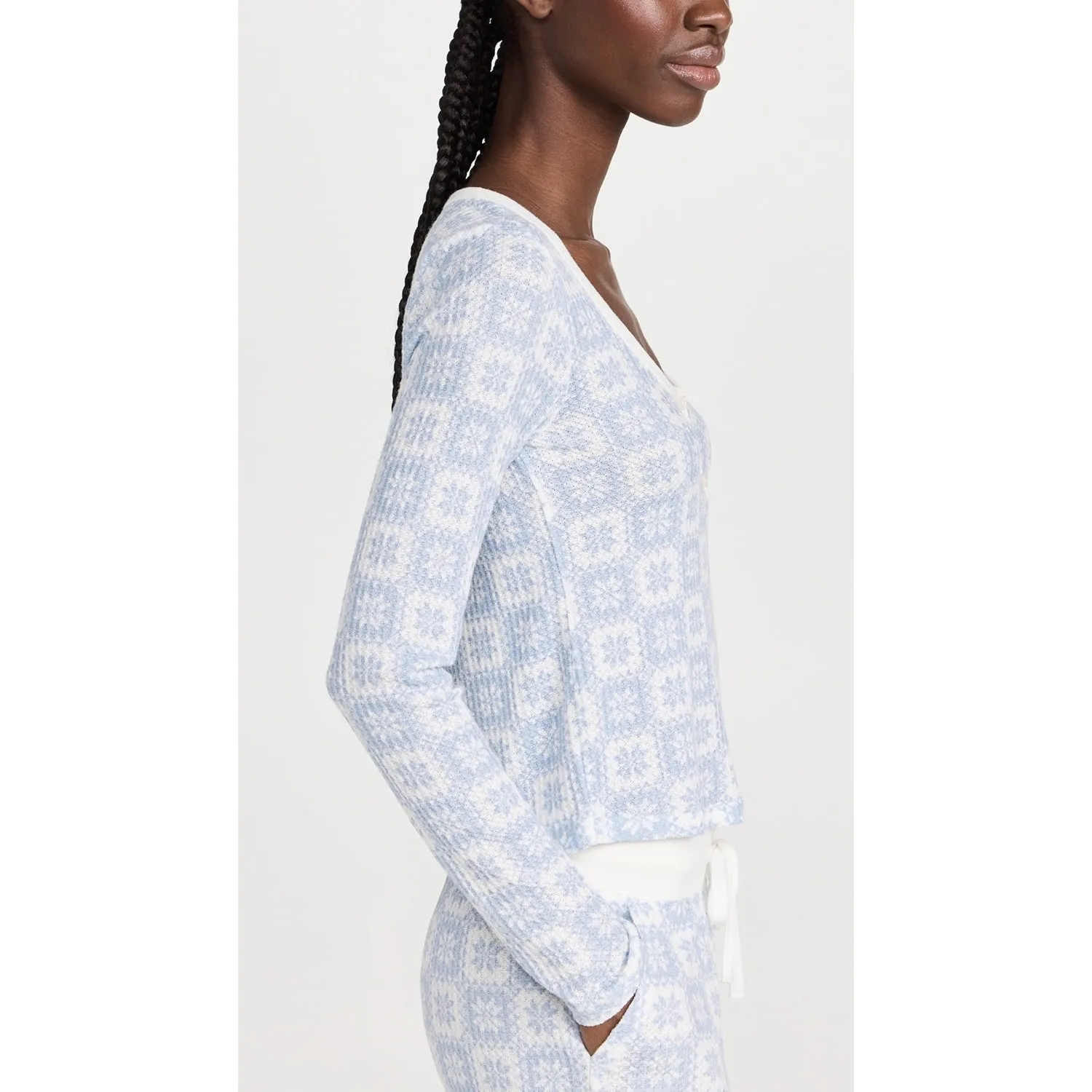 Z Supply Lounge Fireside Fair Isle Blue White Snowflake Knit Pajama Top L - Image 2