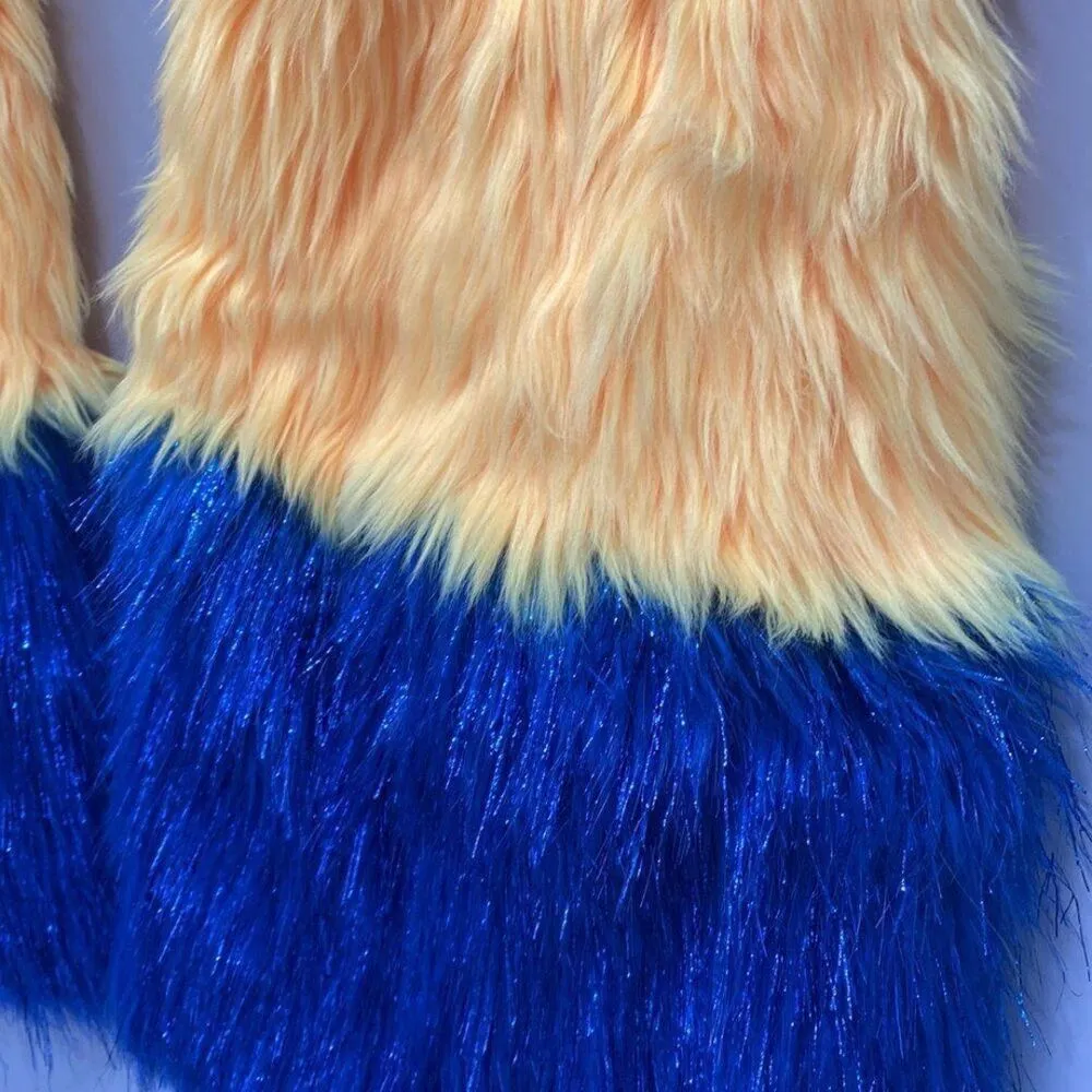 New Blue Yellow EDC Rave Sparkly Rave GoGo Fuzzy Fuzzies Leg Warmers Handmade - Image 2