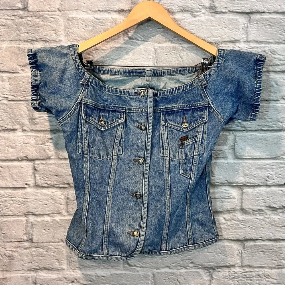 Vintage 90’s Women’s Large Fiorucci Denim Off the Shoulder Fitted Corset Top - Image 8