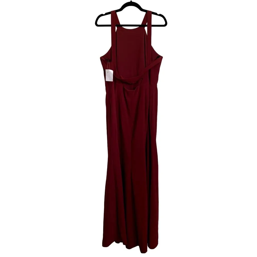 NWT Dessy Collection High Neck Backless Crepe Trumpet Gown in Burgundy 3039 Red Size 16 - Image 4