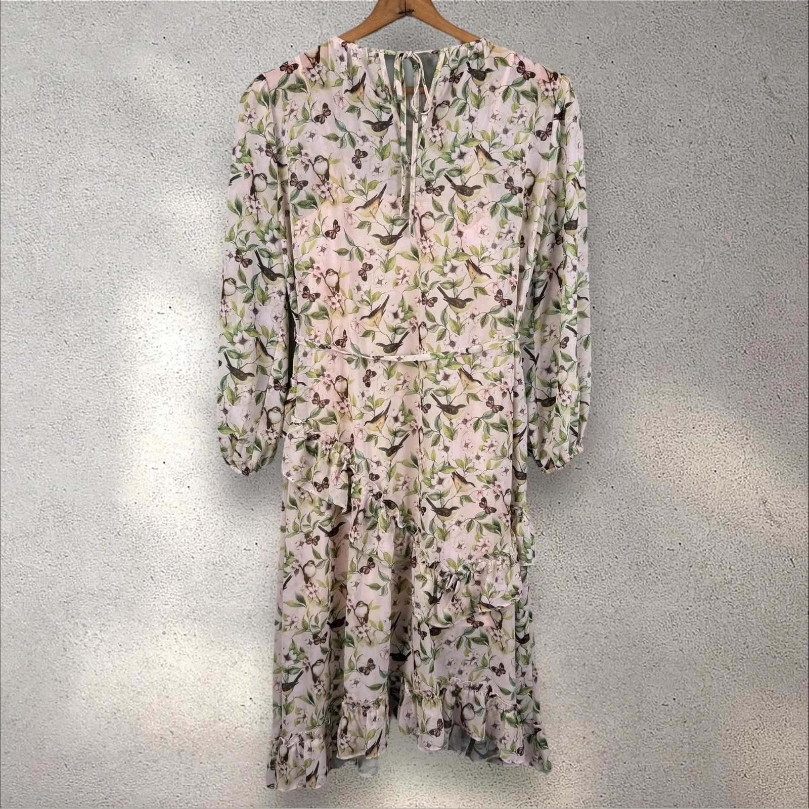 SENLIS Antoinette Dress In Pink Bird Print‎ Long Sleeve Chiffon Sz XS - Image 6