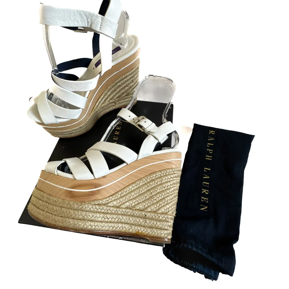 Ralph Lauren Purple Label Erin Espadrille Wedge Platform White Leather 37.5 Size 6.5 - Image 2