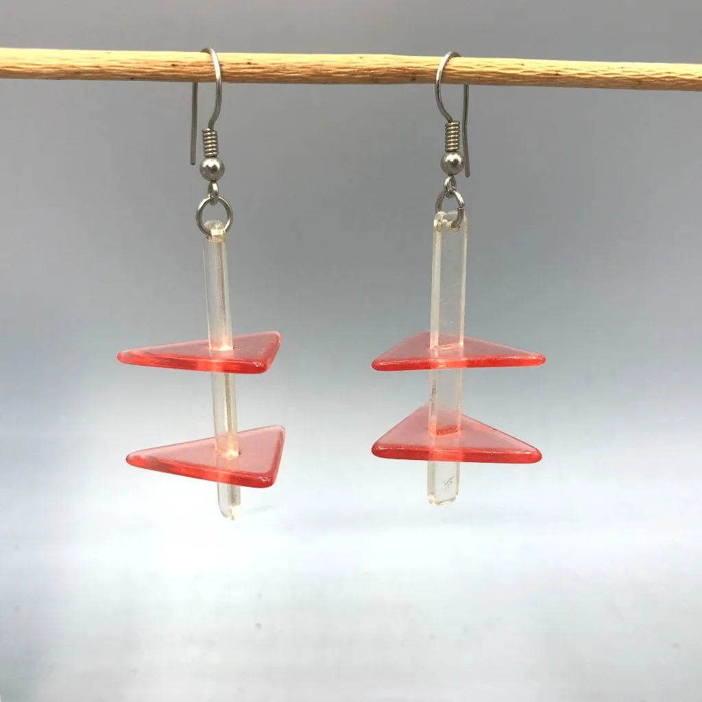 Vintage Acrylic Sculptural Abstract Dangle Earrings, Clear and Neon Pink OOAK - Image 2