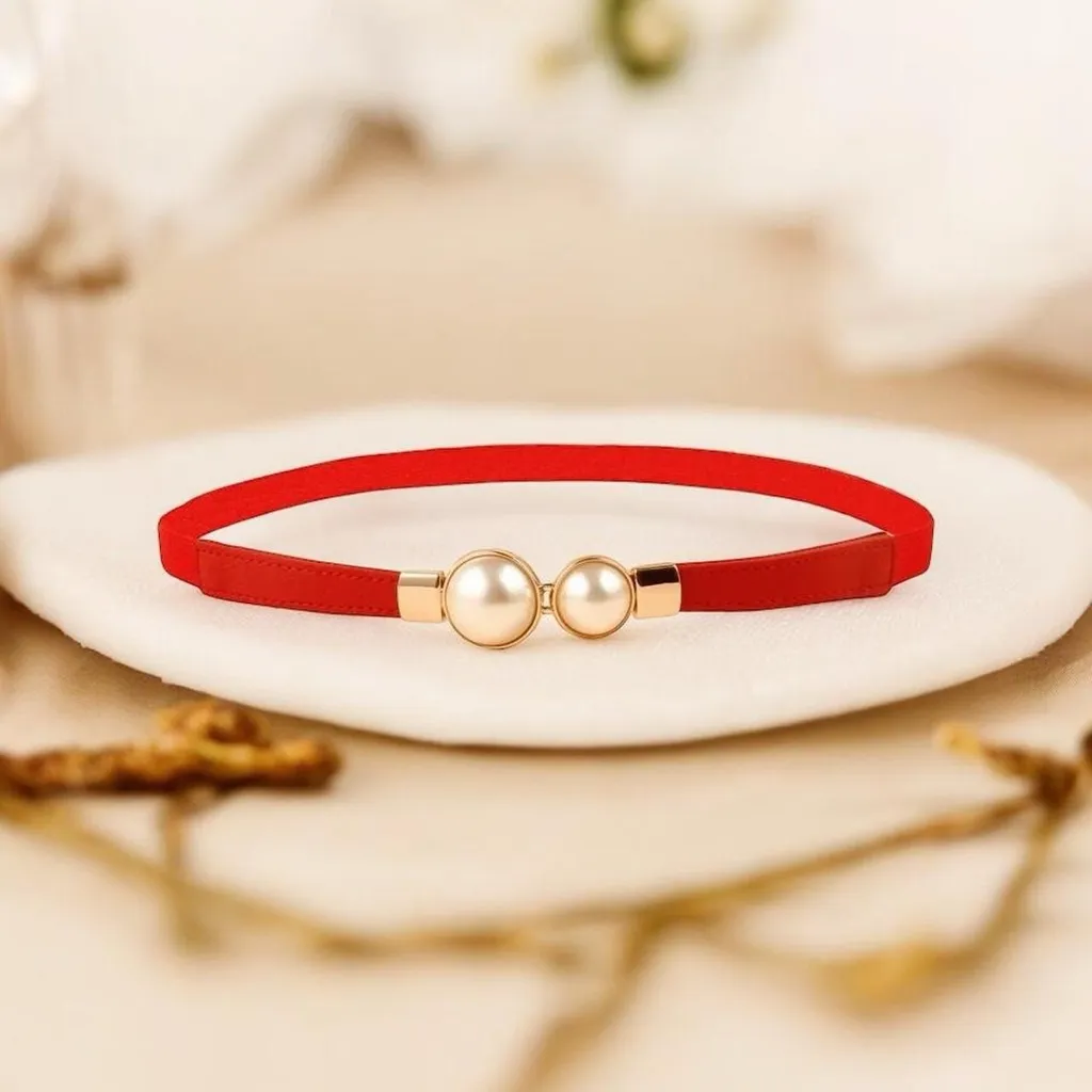 Red & gold pearl belt‎ Imitation Pearl Pair Buckle Thin Belt Monochrome Elastic - Image 8