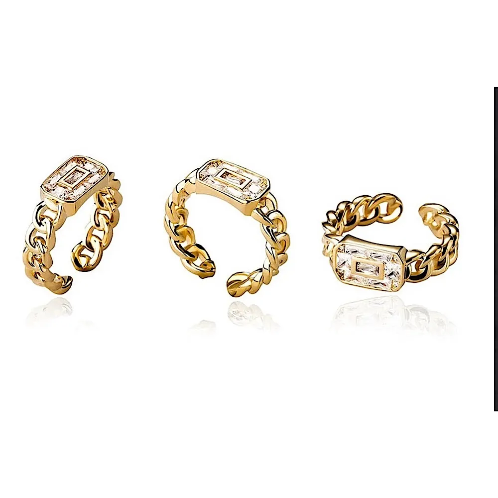 Unisex 14k Gold Filled Rectangle Diamond‎ Simulant Link Ring, Adjustable Open - Image 2