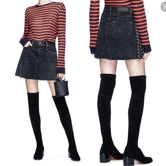 NWT GRLFRND EVA Studded Gusset A-frame black grey Denim mini Skirt sz 28 - Image 2