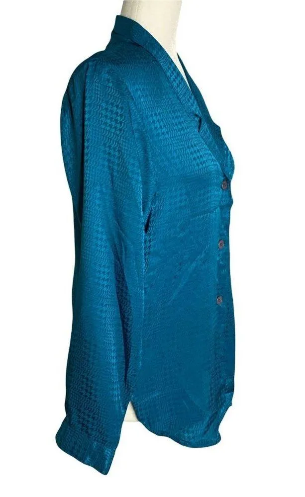 Vintage Silky Button Up Shirt M Teal Blue Long Sleeve Pocket Notch Collar Size M - Image 5