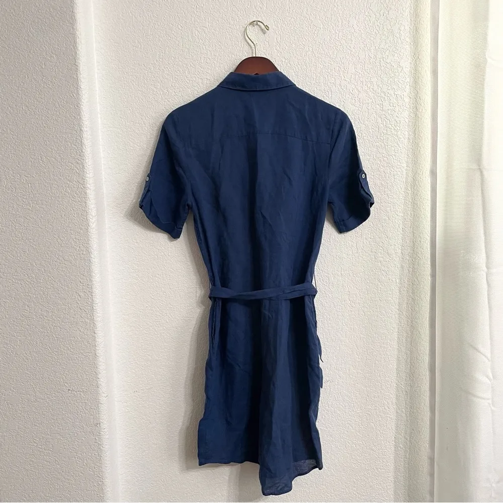 Untuckit Womens Dress Blue Button Front Belted Linen Short Sleeve Size 6 - Image 3