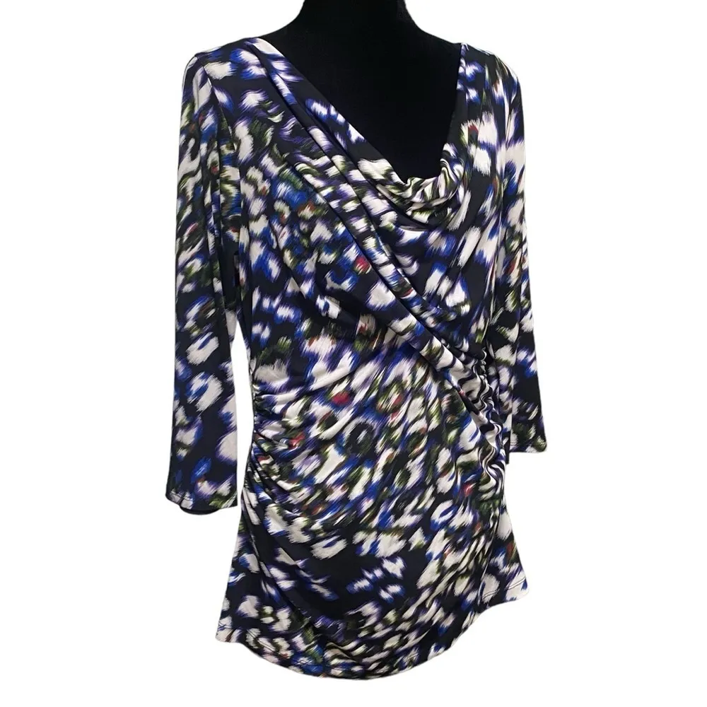 Vince Camuto Abstract Cowl Neck Blouse Black Blue Draped Top Large - Image 2