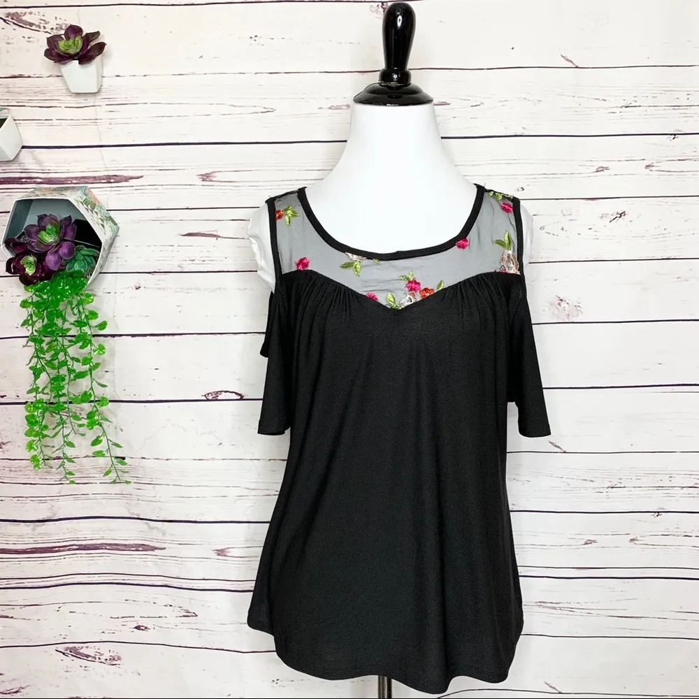 Black Cold Shoulder Top With Sheer Mesh Panel & Embroidered Flowers Size Large - Image 9