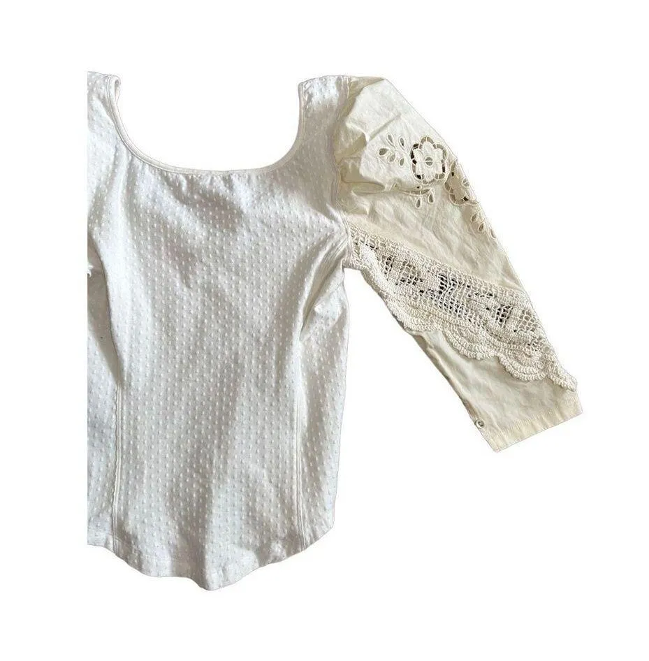 Free People Brunch Date Knit V-Neck 3/4 Puffed Lace Sleeve Top New XS - Image 8