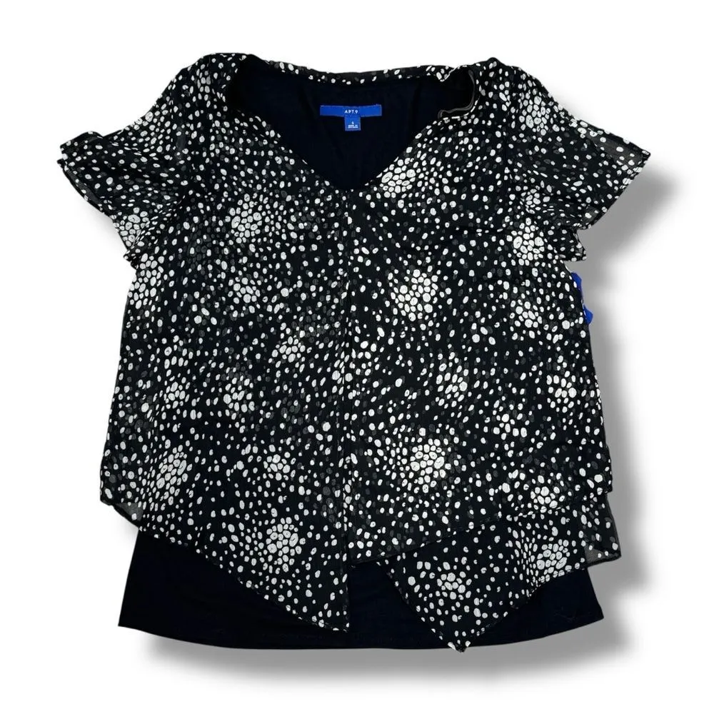 Apt. 9 Polka Dot Tiered Layers Split Flutter Sleeve Top Blouse Black White Small - Image 14
