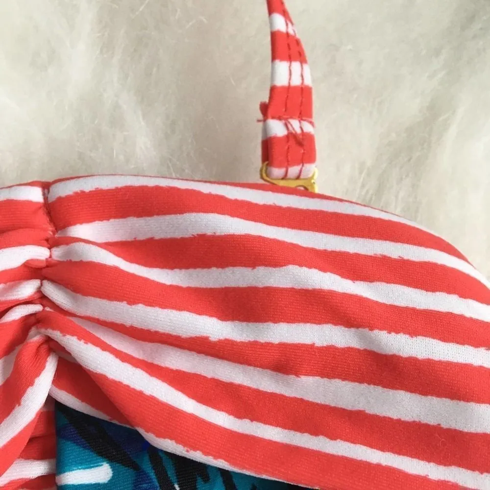 Nicole Miller Bandeau Halter Tie Neck Bikini Top Size 10 Striped Floral Red Blue - Image 6