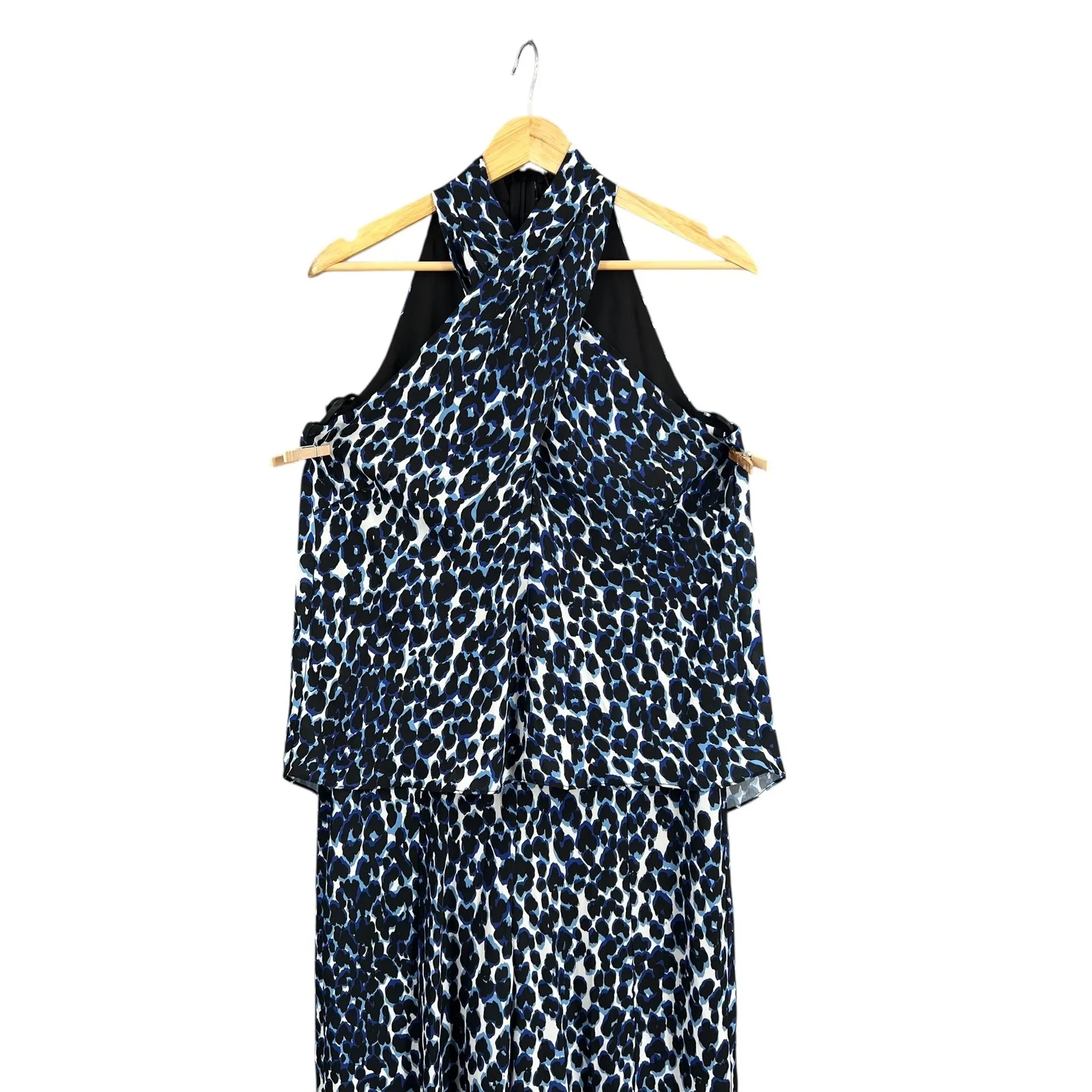 LE GALI Jumpsuit Blue Black Leopard Print Halter Popover Wide Leg Size S New - Image 2