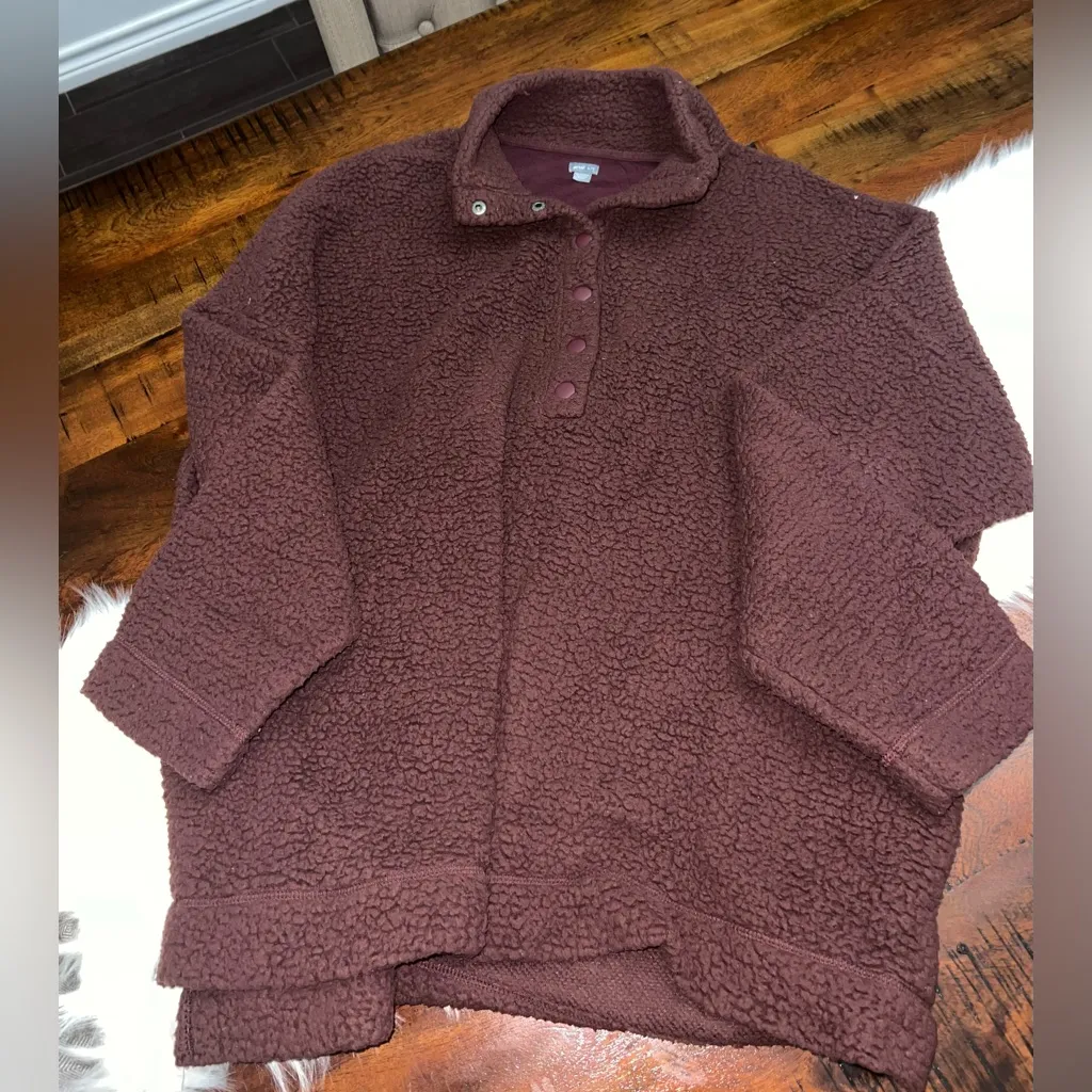 Aerie Cloud Sherpa Teddy Pullover Burgundy XL Oversized Snap Button - Image 2