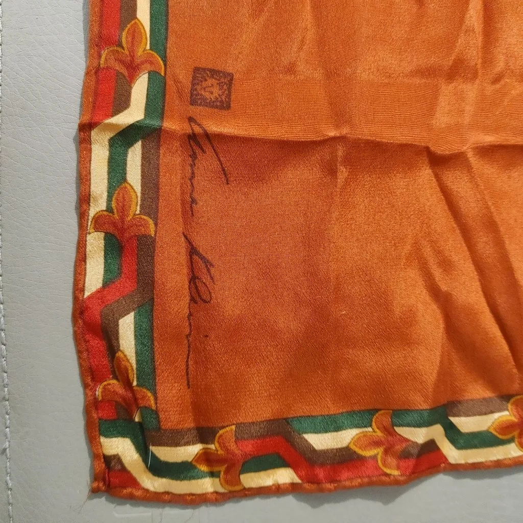 Anne Klein Scarf  Robinson Golluber Orange Floral Geometric Border Vintage Silk - Image 7