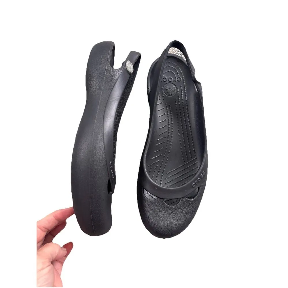 Crocs Jayna Women 10 Black Slingback Ballet Flats Slip On Jewel Flower Mary Jane - Image 3