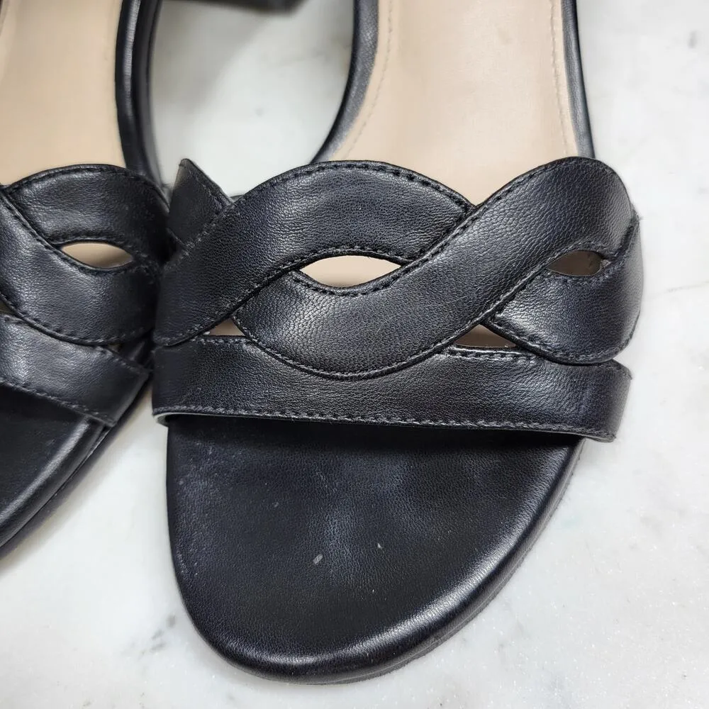 VTG Via Spiga Janel Heels Womens 7 Black Leather Chunky Twisted Strap Block Heel - Image 16